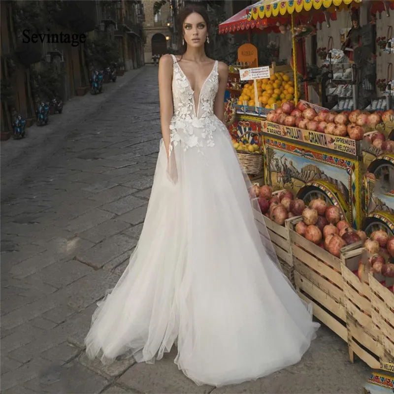 

Sevintage A Line Boho Wedding Dresses Lace Appliqued Deep V Neck Beach Formal Party Dress Bride Gowns vestidos de novia 2020