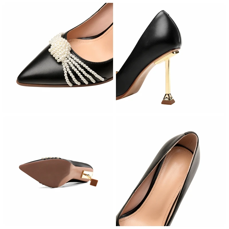 

ORCHALISA Women New 2021 Pumps Pointed Toe 9cm High Heels Genuine Leather Pearl Elegent Big Size 43 Casual Date Black A3664