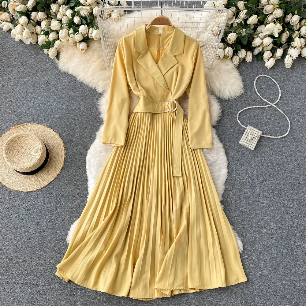 

Elegant Yellow Blazer Dress Women New Spring Autumn Notched Collar Full Sleeve Belted Female Work Office Long Pleated Dresses