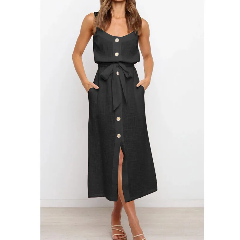 

Casual Women Long Beach Dresses 2021Summer Fashion Button Bandage Solid Sling Sleeveless Loose Maxi Dress Fashion White Vestidos