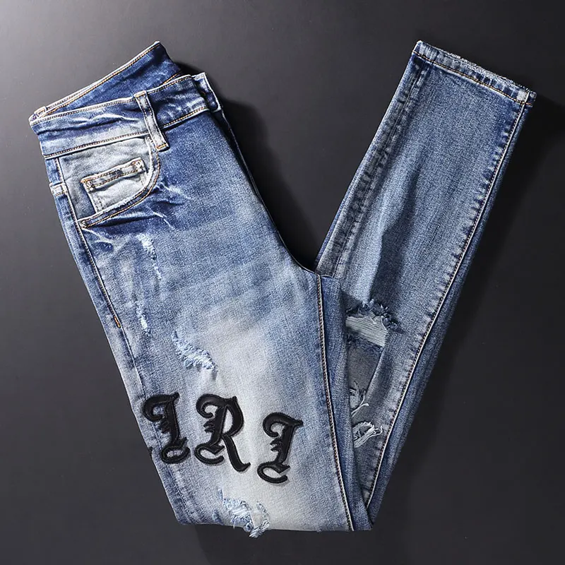 Street Style Fashion Men Jeans Retro Blue Elastic Slim Fit Ripped Jeans Men Patches Designer Destroyed Hip Hop Hole Denim Pants