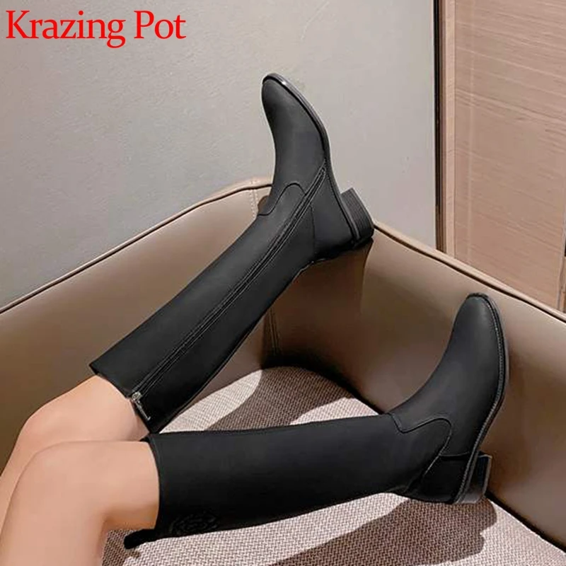 

out of stock real natural cow leather skinny boots winter warm round toe embroider med heels Internet star thigh high boots l92