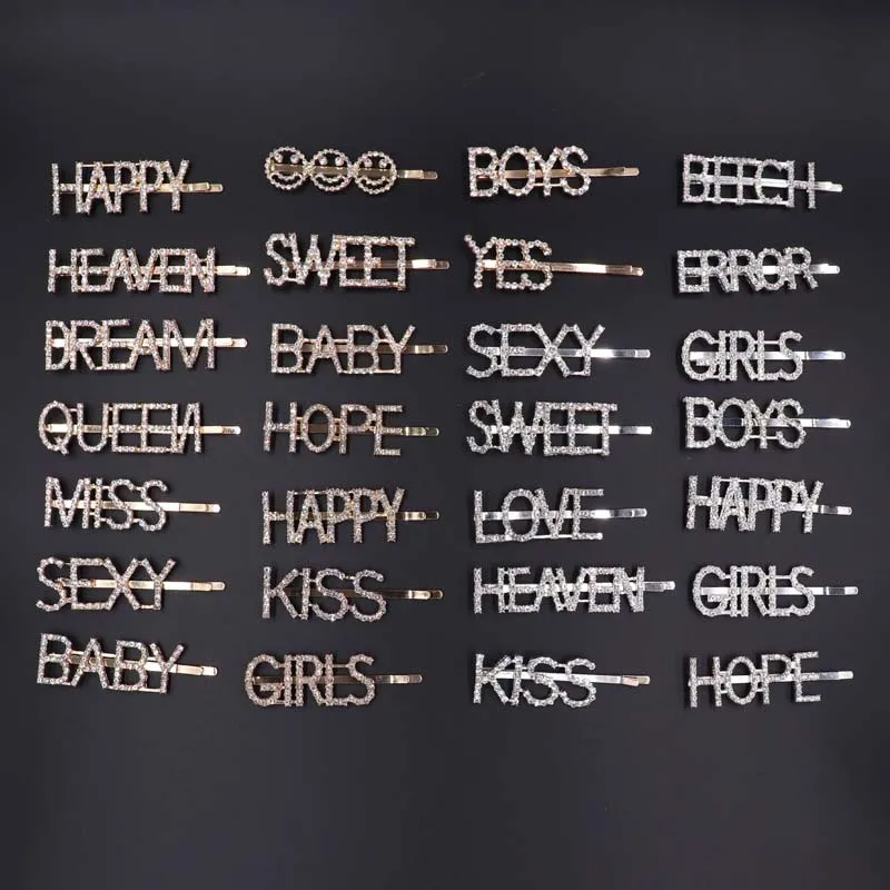 2pcs/lotMetal word clip rhinestone hairpin alphabet English custom diamond smiley side simple bangs hair accessories | Украшения и
