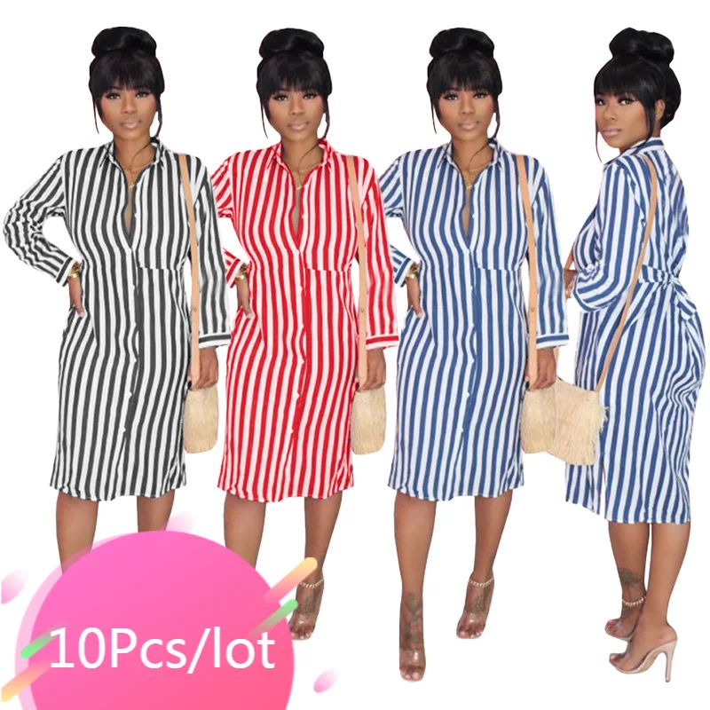 

Bulk Items Wholesale Lots Striped Shirt Dress Women Button Up Long Sleeve Dresses Sexy Robe Casual Oversize Autumn Streetwear