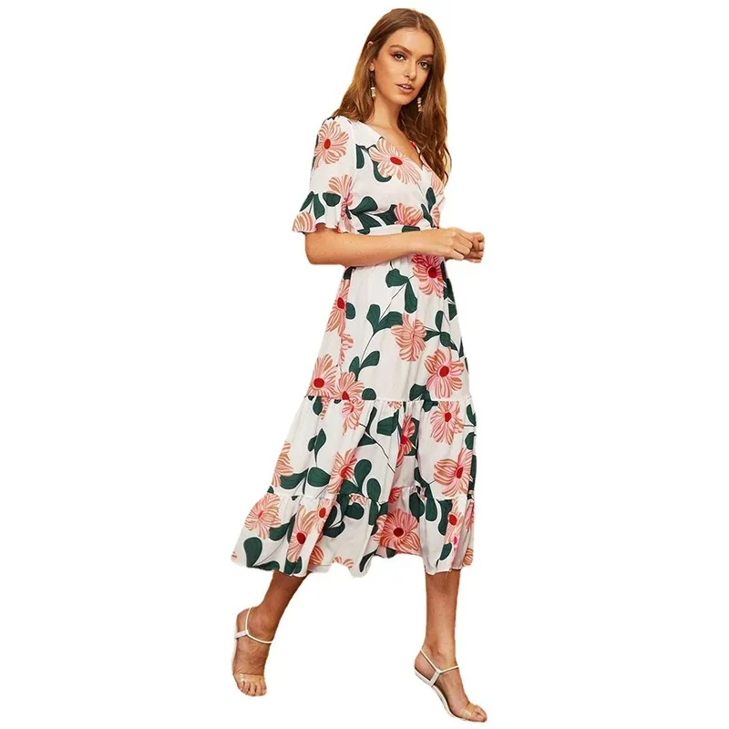 

Women Dresses Summer 2021 Sexy V-neck Floral Print Boho Chiffon Dress Ruffle Short Sleeve Slim Beach High Waist Dress