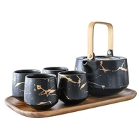 marbling household tea set japanese style black and white ceramic afternoon tea cup with acacia mangium base support teapot
