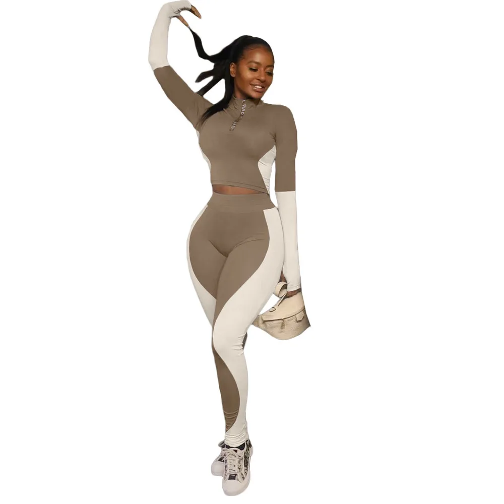

Activewear Sport Matching Women Two Piece Sets Turtleneck Long Sleeve Crop Top and Bodycon Legging Workout Stretchy Slim Outfits