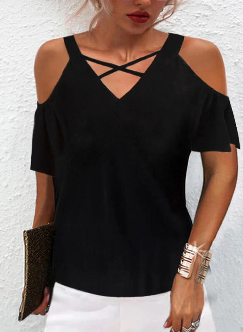 

Блузка женская однотонная с открытыми плечами, V-образным вырезом и длинным рукавом