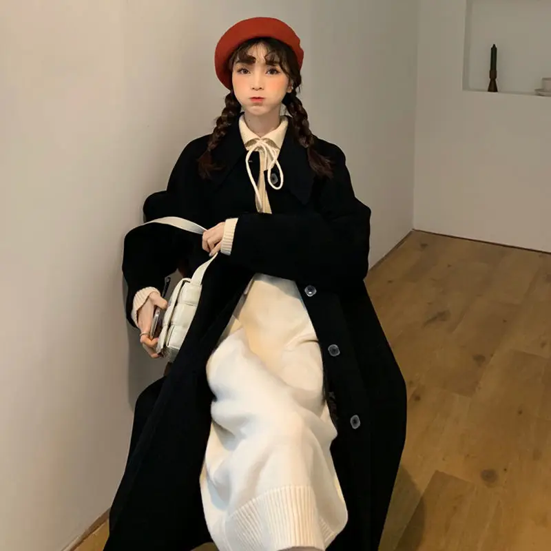 

Wool Womens Autumn Kawaii Loose Leisure Fresh Preppy Style Ulzzang Chic Outwear Turn Down Collar All-match Female Coats Korean