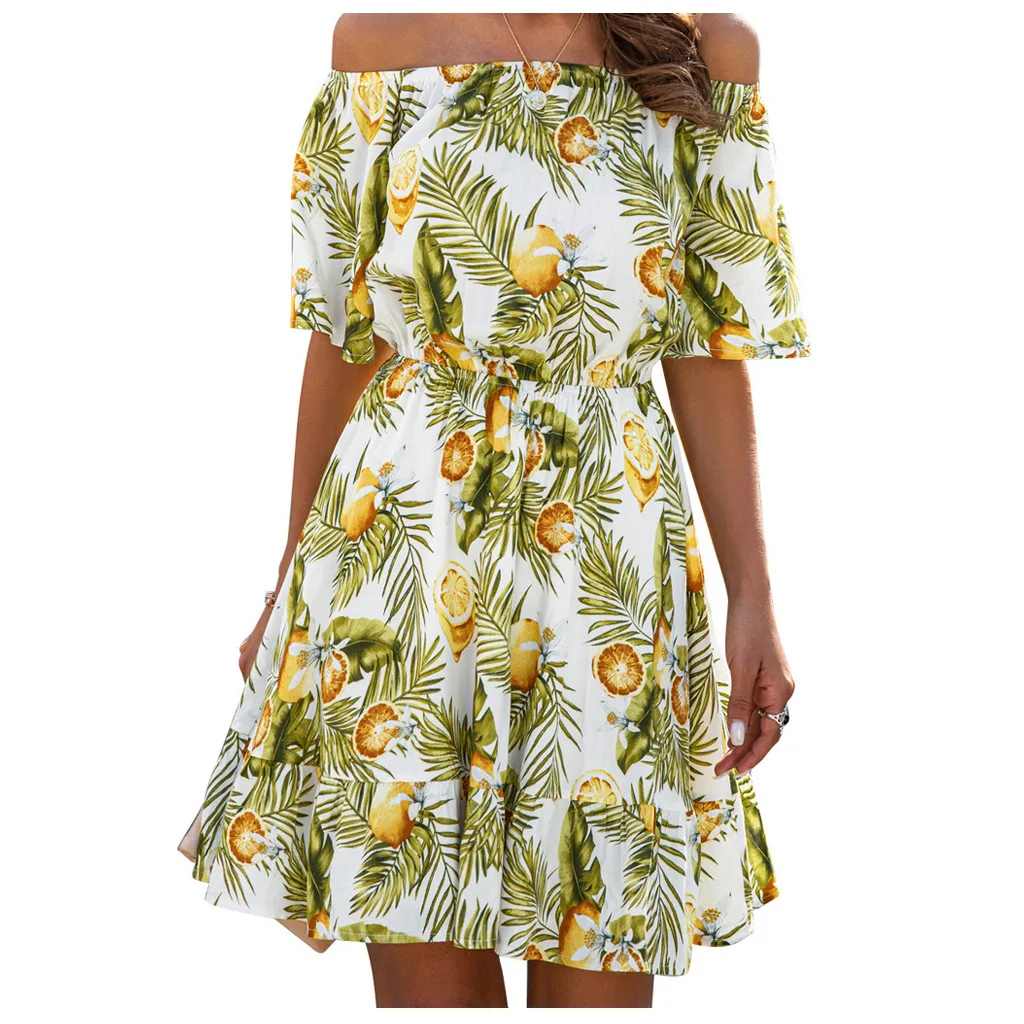 Women Fashion Fruit Lemon Floral Print Mini Dress Casual Sleeveless Dresses Ethnic Holiday Style Refreshing Stmosphere Dr | Женская