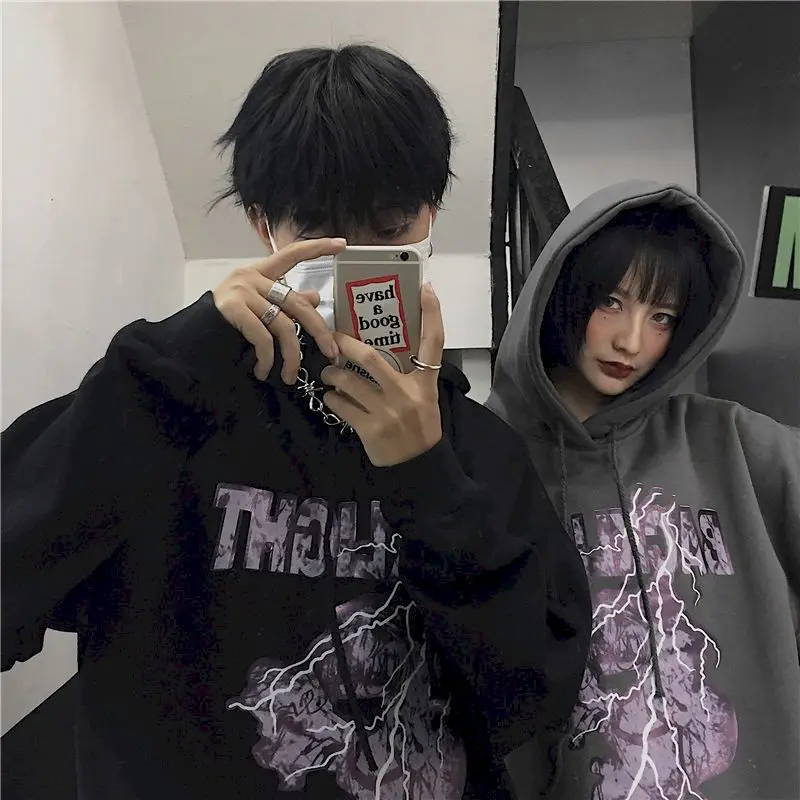 

sweatshirt Autumn and winter Korean version of dark retro letters loose hooded jacket plus velvet thickening couple sweater