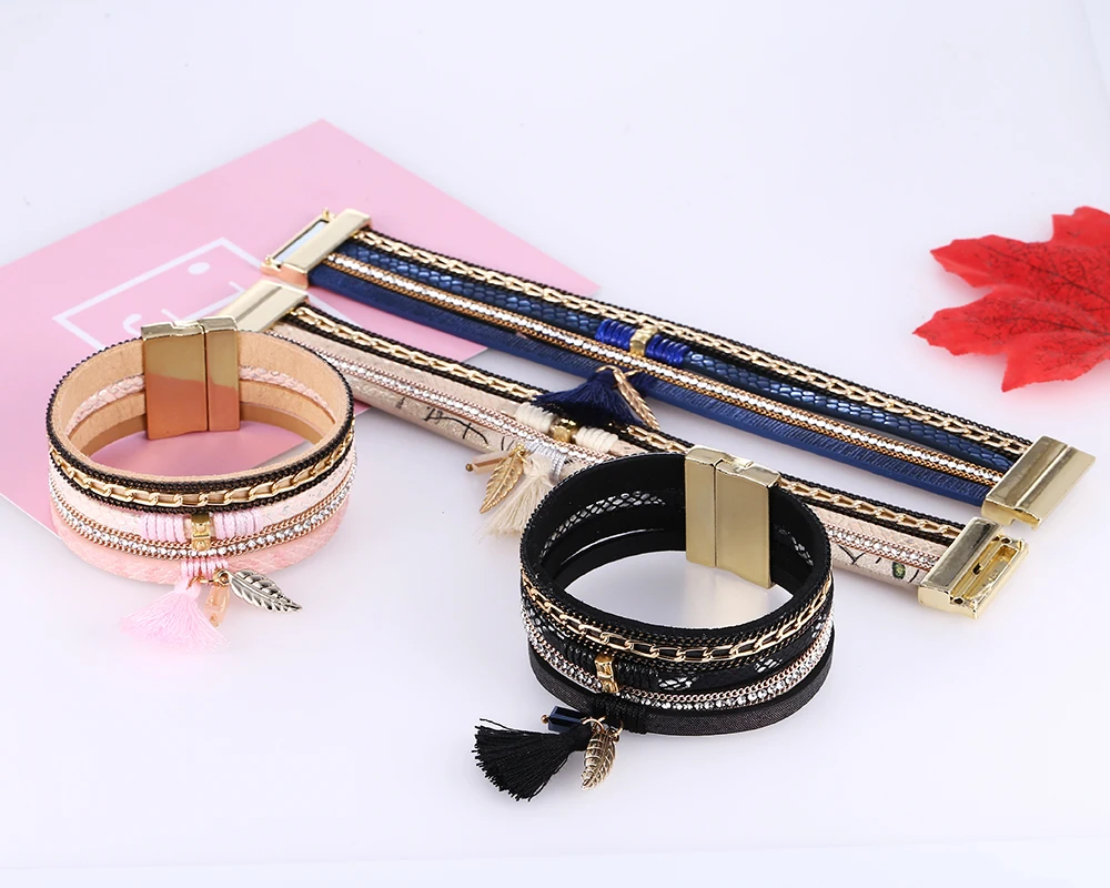 Новые модные Многослойные Кожаные бриллианты и браслеты в стиле бохо магнитные