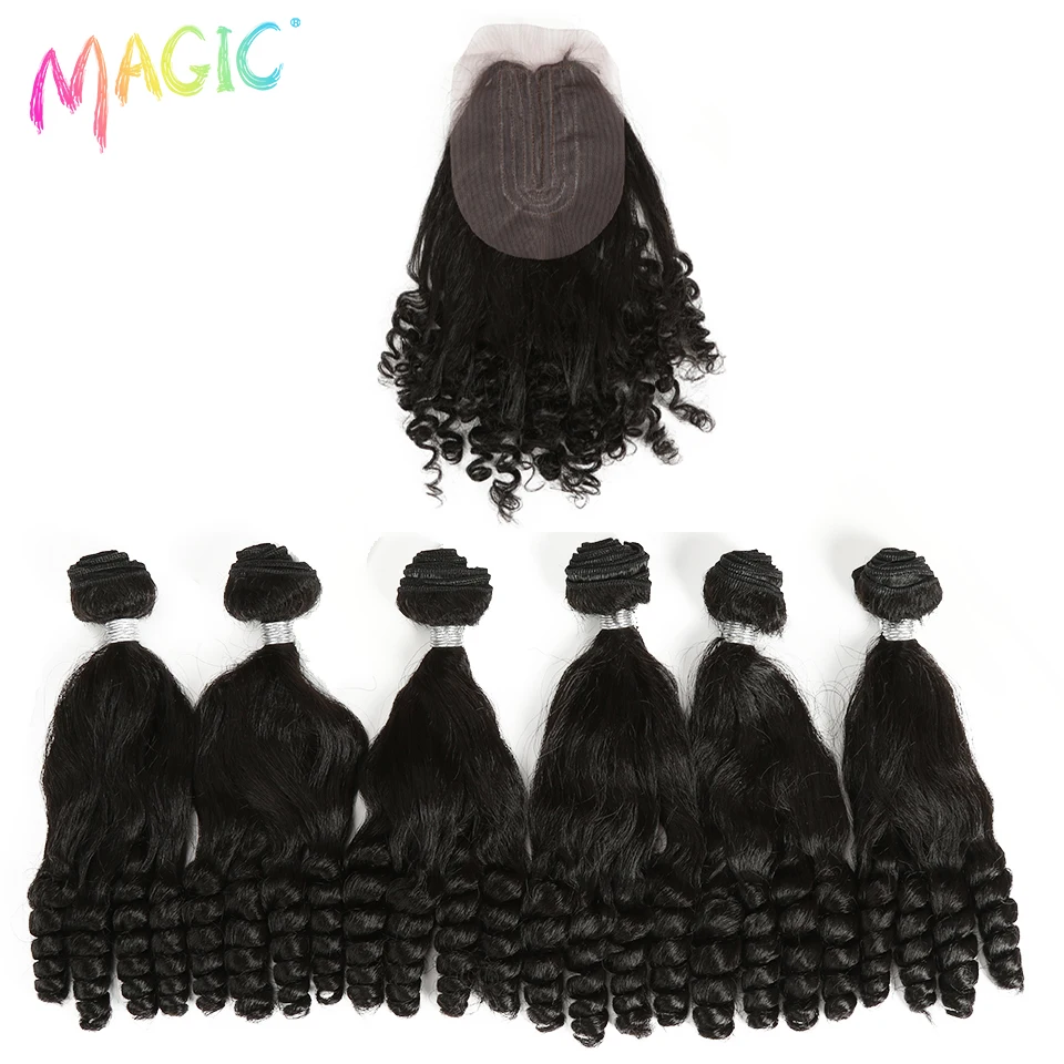 

Magic 7PCS 14inches Afro Kinky Curly Hair Bundles With Closure Black Color Kanekalon Synthetic Hair Extensions Curly Hair
