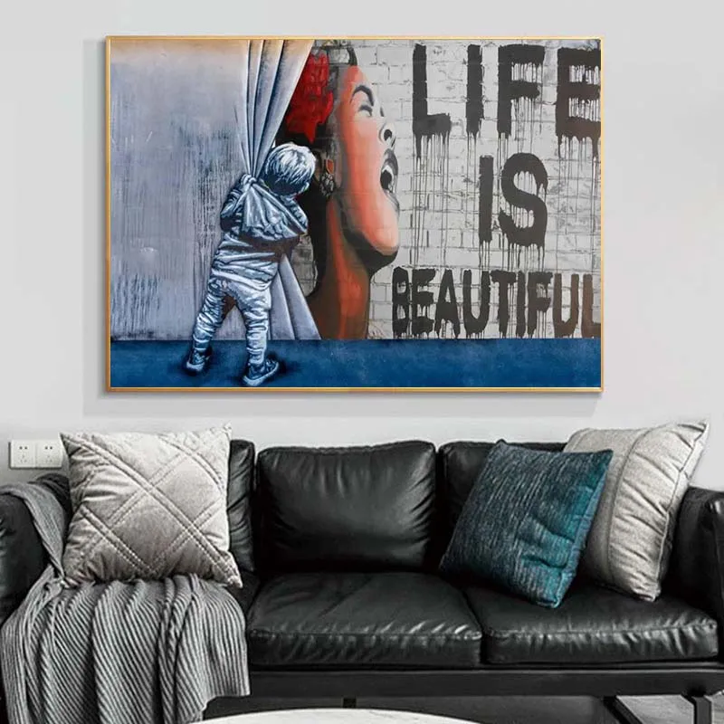 

Life Is Beautiful Boy Curtain Unveil Street Art Oil Painting Original Graffiti Banksy Style Wall Modern Abstract Canvas Decor