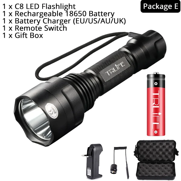 Package E Охотничий фонарик 1 Режим Фонарь Lintern T6/L2 тактические фонари 18650 алюминий C8 водонепроницаемый фонарь Крепление для пистолета - Испускаемый цвет: Package E