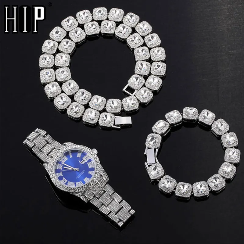 Hip Hop 12MM 3PCS KIT Watch+Necklace+Bracelet Bling Crystal AAA+ Iced Out Cuban Rhinestones Chains For Women Men Jewelry