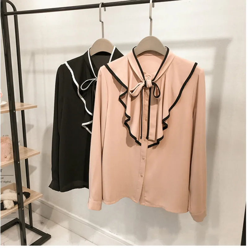 Новые модные женские блузки с длинным рукавом розовые шифоновая женская блузка