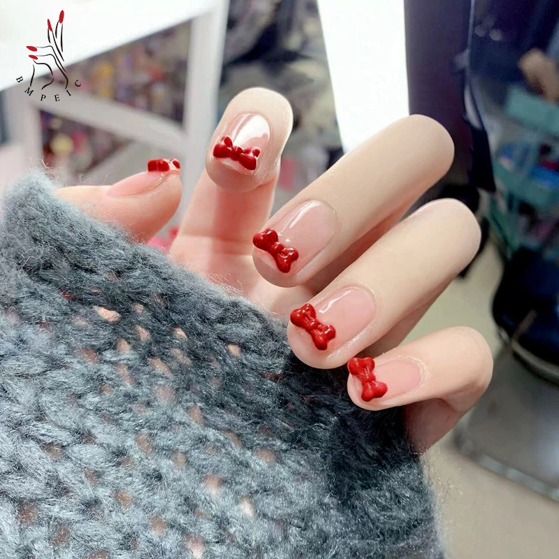 

False Nail Art Red Bow Pattern Rhinestones Design French Stiletto Full Cover Fake Fingernails Tips Glue DIY Manicure Beauty Tool