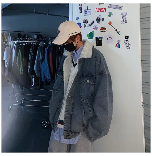 Winter Plus Velvet Thick Denim Jacket Men's Warm Parka Men Fashion Lamb Fur Coat Man Loose Cotton Denim Jacket Male Clothes