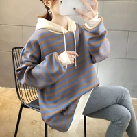 mid length striped sweater womens fleece lined thickened womens autumn and winter hooded coat ins trendy loose oversize