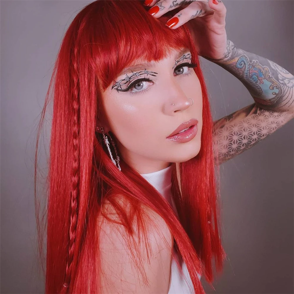 

Red Color Wigs Silky Straight with Bangs Natural Looking Full Machine Made Synthetic Wig Replacement