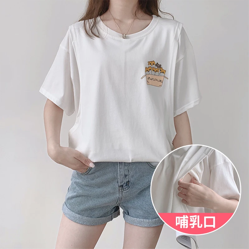 Футболка для кормления с коротким рукавом и принтом милого котенка летняя блузка