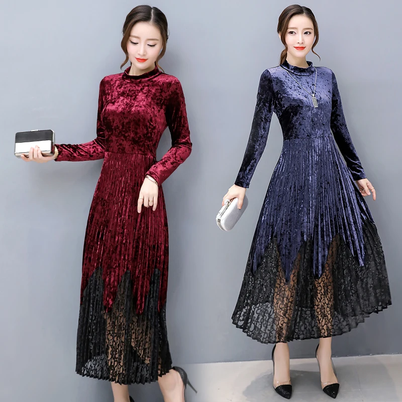 Large size M-XXXL vrouwen jurk 2019 Autumn winter Gold velvet Long sleeved slim temperament lace long | Женская одежда