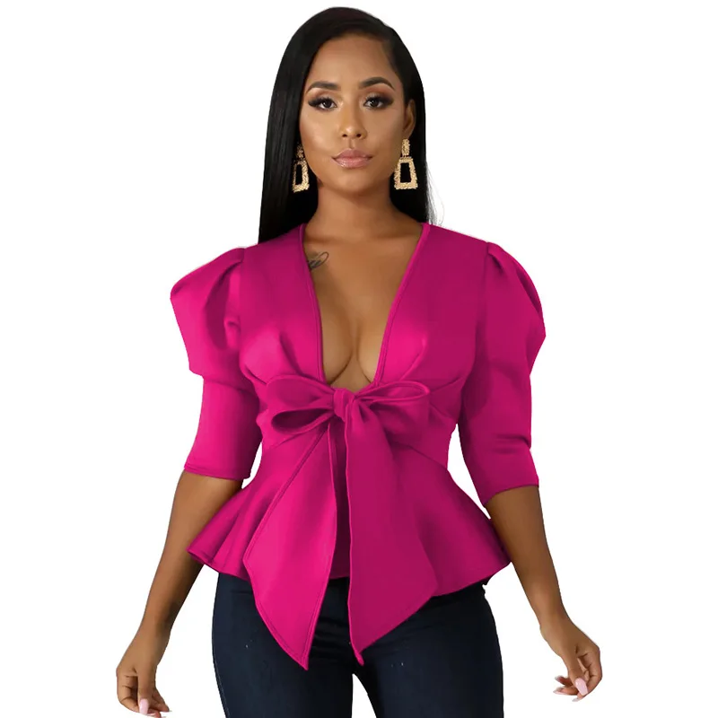 Stigende Half Sleeve Sexy Deep V Neck Bow Blouse Women Summer Casual Solid Color Ruffle Blouse Elegant Bandage Crop Blouse Top - Цвет: Rose