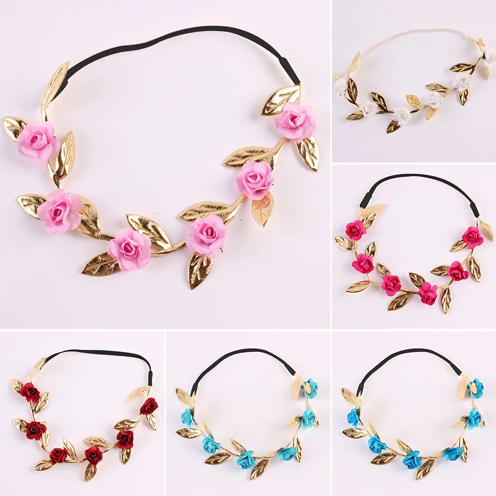 

2020 New FLower Hairband Cute Kids Hair Accessories Gold Leaves Flower Headband Girls Elastic Crown Garland Wreath Hairband