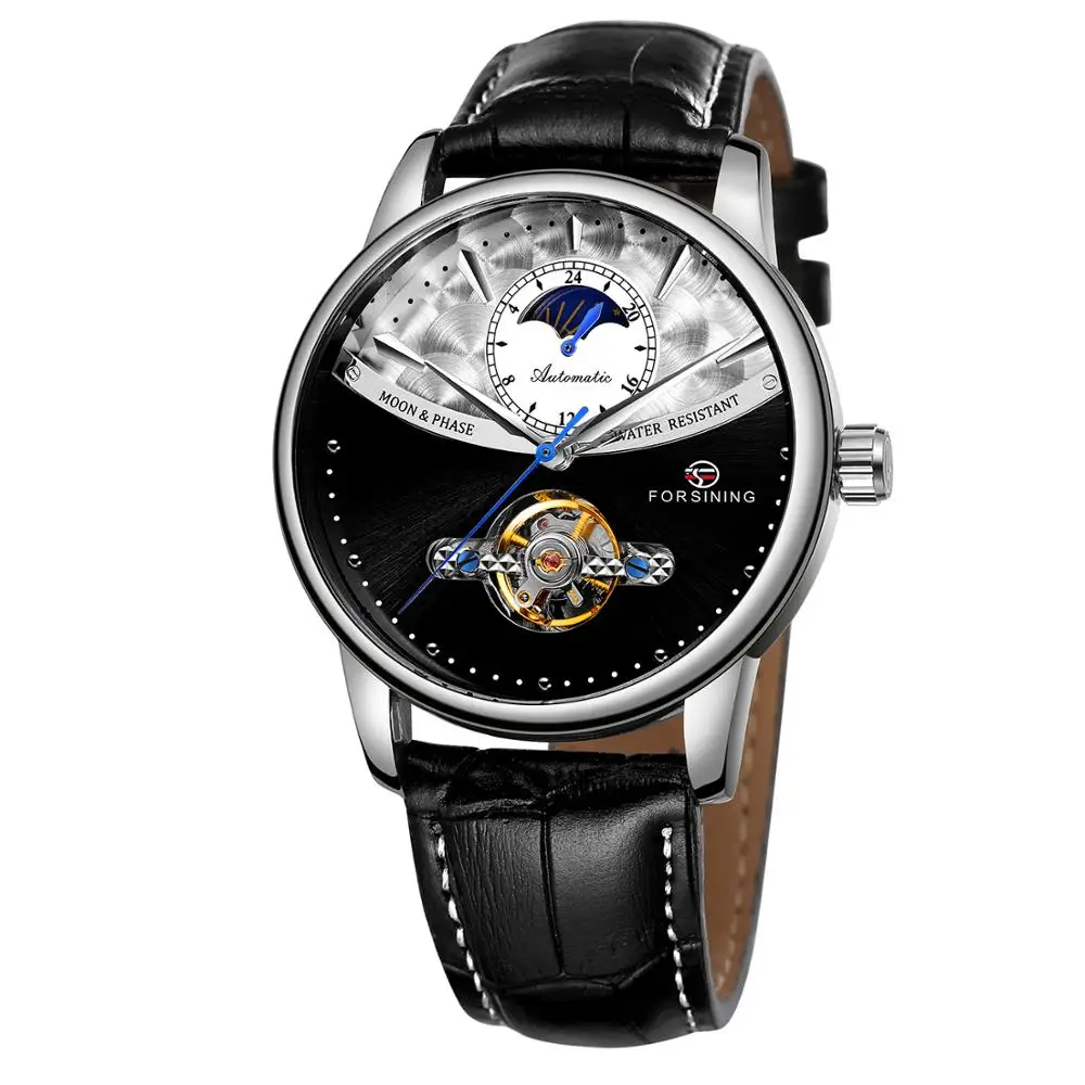 Forsining Tourbillon синие автоматические часы мужские классические Moonphase Дизайн Натуральная кожа Ремешок Водонепроницаемый Бизнес наручные часы подарок - Цвет: SILVER BLACK 2