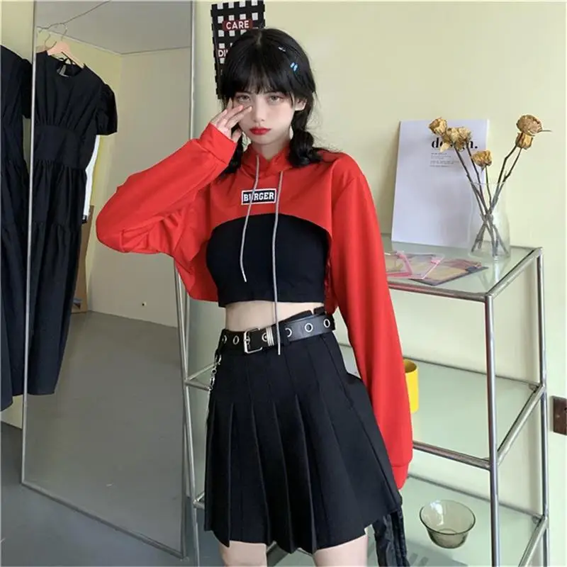 Women's Letter Tops Spliced Navel Hoodie Sweatshirt Long Sleeve Hoodie Thin Section Short Hooded Top 2021 Sudaderas Con Capucha