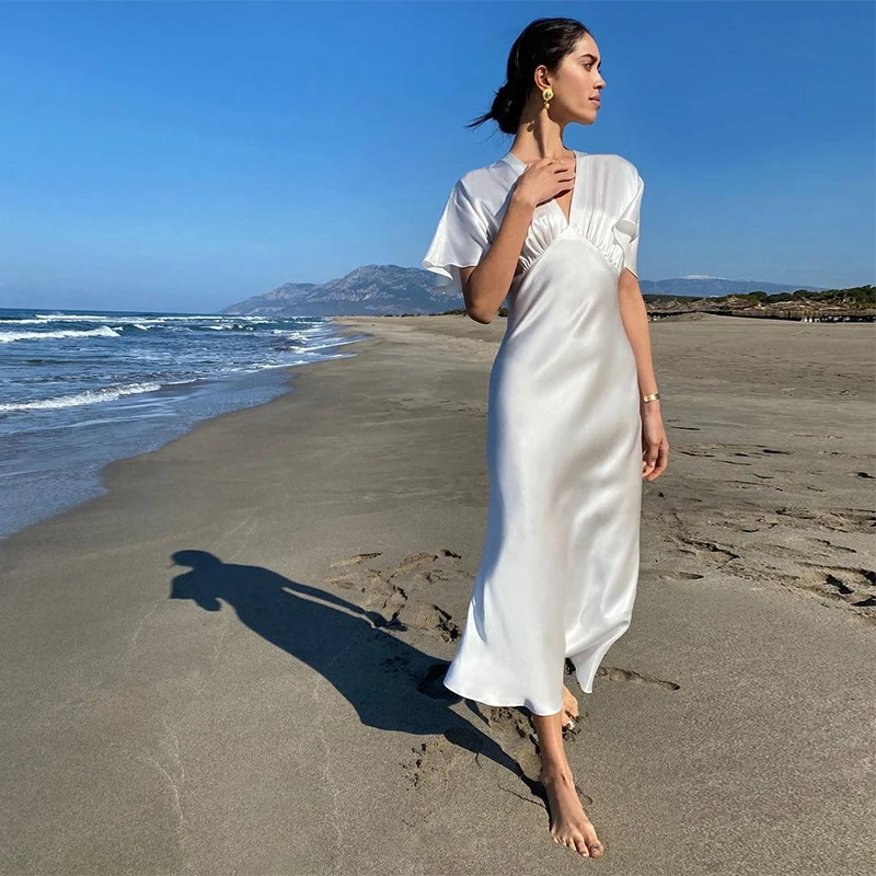

Rockmore Satin Midi Dress Sexy V Neck Split Slip Dress French Short Sleeve Evening Party Beach Long Sundress Female White Cloth