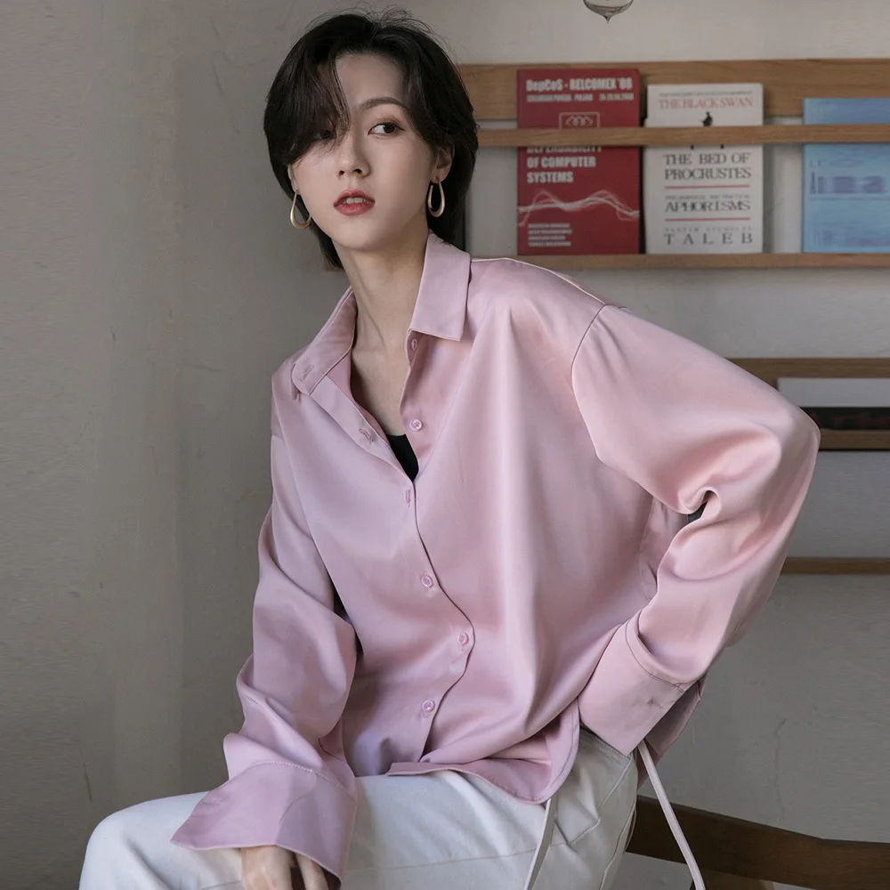 

simple elegant satin shirts women long sleeve tops