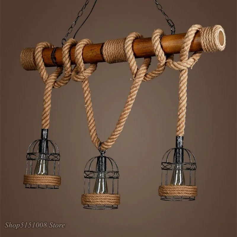 Винтажные подвесные светильники Лофт пеньковая веревка бамбуковая железная