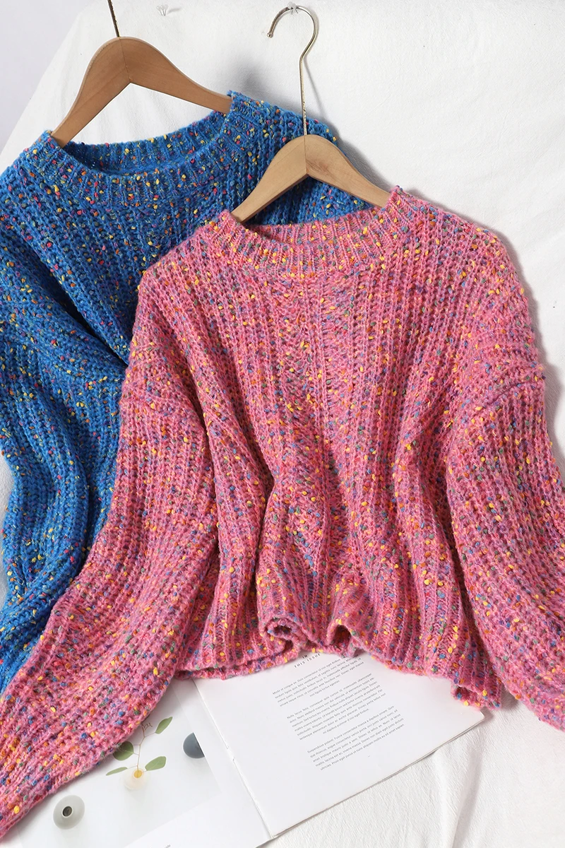 

Women's Fashion Round Neck Short Top With Sweet And Young Korean Mixed Color Knitted Sweater