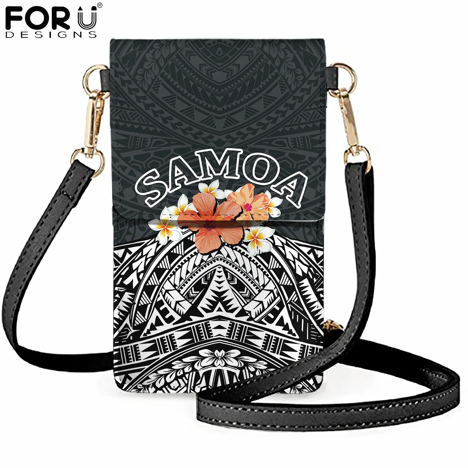 

FORUDESIGNS Samoa Plumeria Design Luxury Pu Leather Mobile Phone Shoulder Bag Femme Fashion Transparent Touch Screen Sac A Main