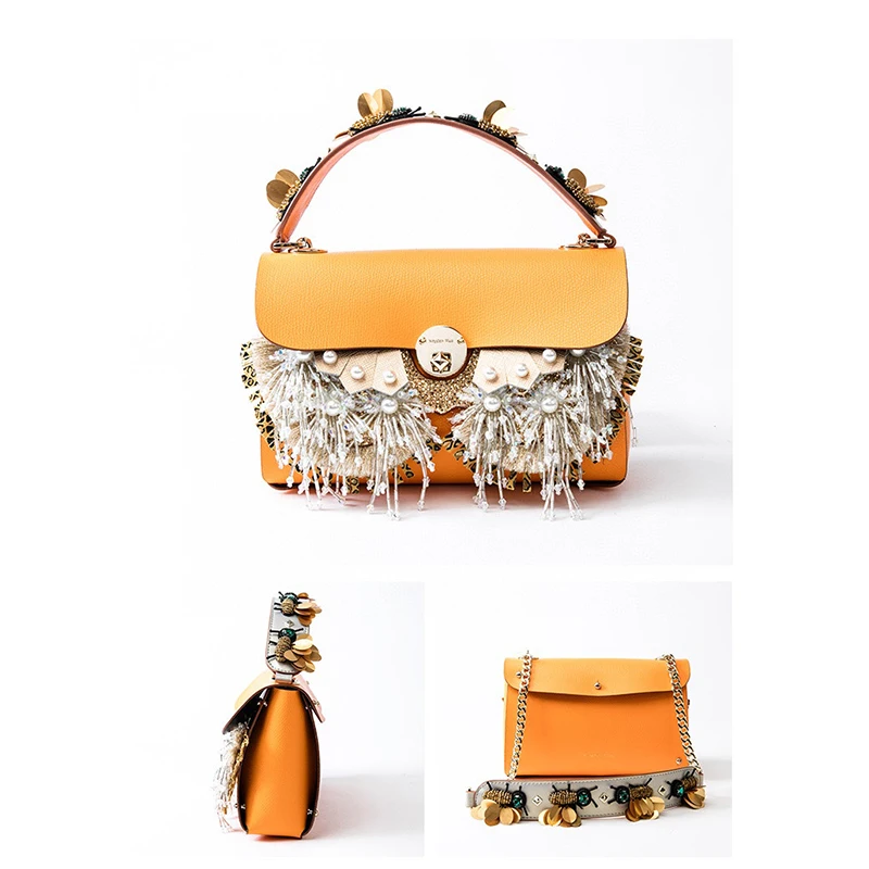 

New Style Wide Shoulder Strap Beaded Bee Bag Handmade Mask Double Sided Leather Women Packet Luxury Ladies Pearl Tassel Bags