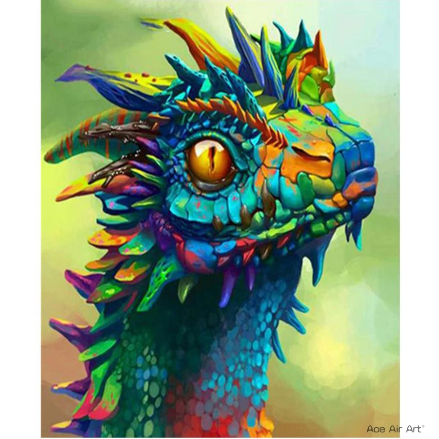 

Full Round Diamond Wall Craft of Colorful Dragon Head Picture 5D DIY Animal Mosaic Painting of Big Eye Dragon Head