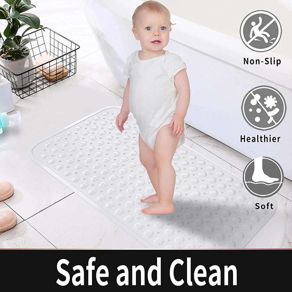 

Extra Long Anti Slip Bath Tub Mat Bathroom Shower Mat White/Blue Antibacterial Machine Washable for Bathroom,Kids Toddler Senior