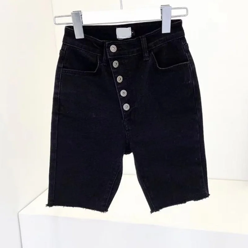 

ZAWAHIKI Jean Femme Knee Length Solid Buttons High Waist Korean 2021 Summer Woman Pants Black Vintage Casual Jeans Fashion