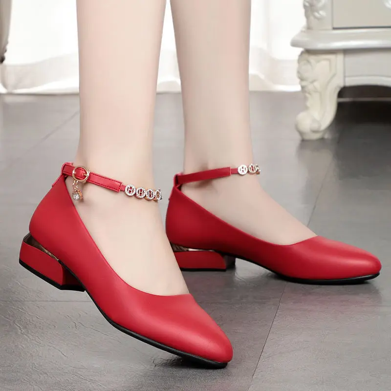 

women fashion red pu leather high quality spring office shoes lady cute sweet black comfort square heel shoes
