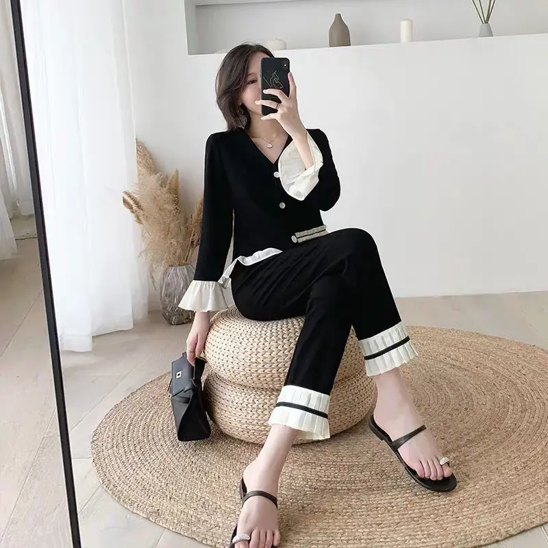 

Women 2021 Summer Fashion Suit New Female V-neck Coat + Loose Leg Pants Knitted Two-piece Set Female Cardigan Trousers Sets V212