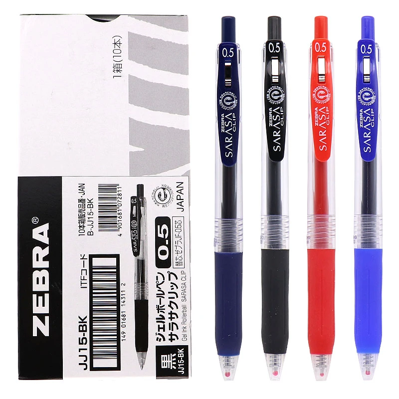 10 pcs Zebra Sarasa JJ15 Clip 0.5 Retractable Gel Ink Pen Rubber Grip 0.5mm Blue/Black/Red/BlueBlack Ink Value Set