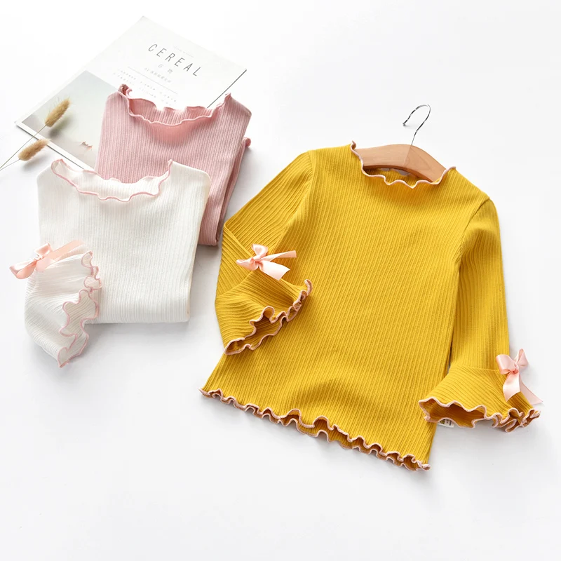 

2019 Autumn Winter New Baby Girl T Shirt Kids Flare Sleeve Cute T Shirts Kids Bow Tie Blouse Toddler Cotton Lovely Top Tees 2-8Y