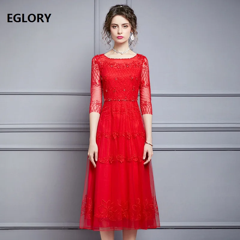 

Top Quality New 2020 Summer Wedding Party Women Luxurious Beading Embroidery 3/4 Sleeve Mid-Calf Black Red Pink Dress Festival