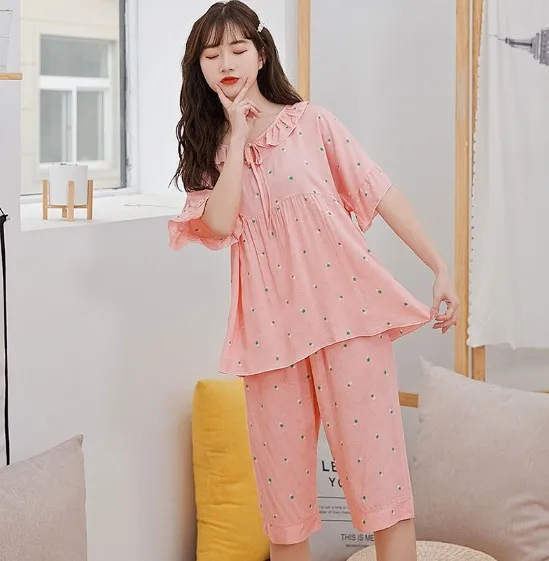 

Large size pajamas for women short sleeve 3/4 pant sleepwear set floral print girl's pijama suit new home wear pyjama femme