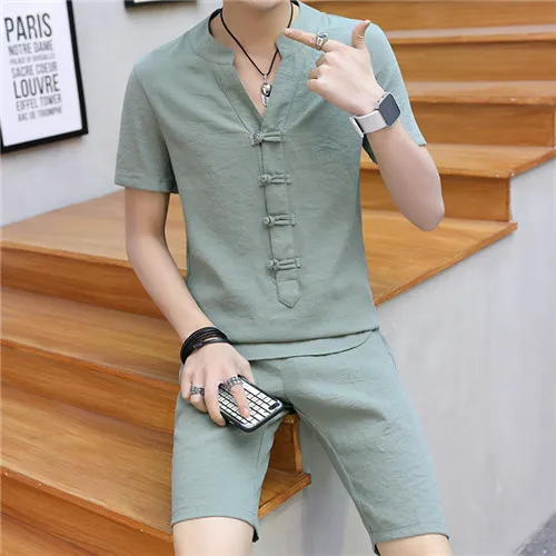 Summer Clothes Men 2 Pieces Sets VogueShorts And Short-sleeved Buckle T Shirt Men Breathable Slim Fit V Neck Linen Suits - Цвет: Зеленый