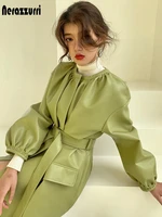 nerazzurri spring long leather jacket women lantern sleeve belt faux leather coat women korean fashion clothing for womens 2021