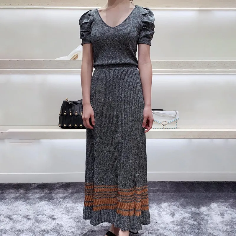 Брендовый Модный Блестящий Женский комплект с юбкой Летняя трикотажная футболка