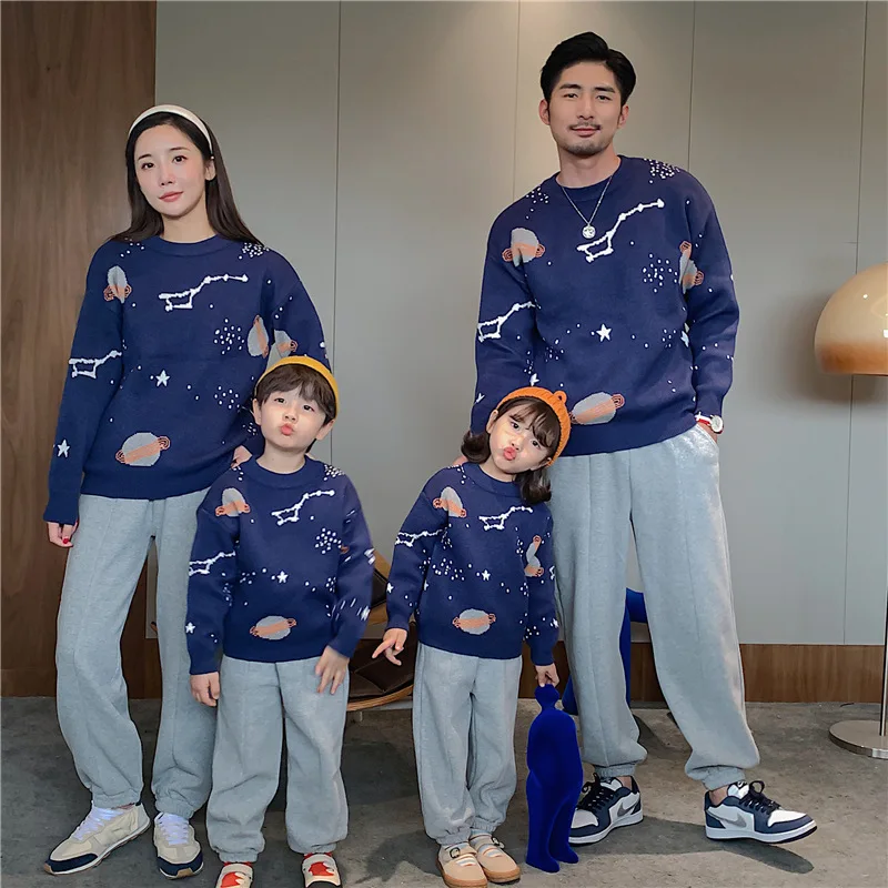 

Christmas Family Party Unisex Knitted Pullover Starry Sky Pattern Embroidery Ugly Sweater Winter Keep Warm Parent-Child Wear New